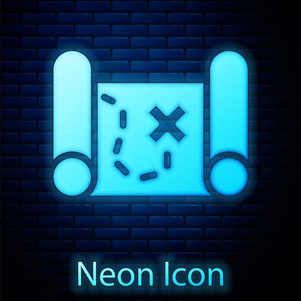 Glödande Neon Pirate Skattkarta Ikon Isolerad Tegelvägg Bakgrund Vektor — Stock vektor