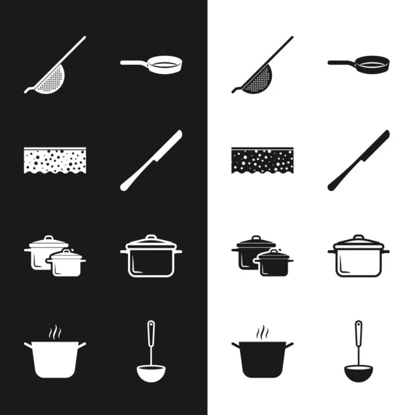 ナイフをセット 泡とスポンジ キッチンザル フライパン 鍋を調理 柄杓とアイコン ベクトル — ストックベクタ