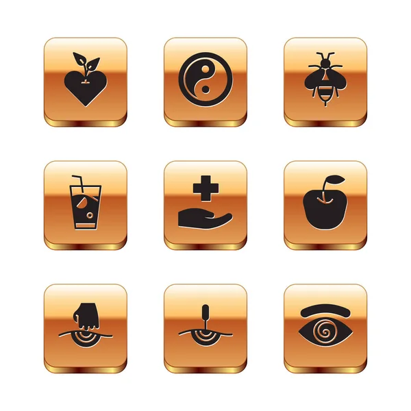 Set Heart, Massage, Acupuncture therapy, Cross hospital medical, Fresh smoothie, Bee, Hypnosis and Yin Yang icon. Vector
