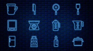 Hattı ayarla: Yemek tenceresi, ölçü kabı, kızartma tavası, pullar, elektronik terazi, kahve, çaydanlık ve bıçak ikonu. Vektör