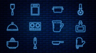 Sıralı fırın eldiveni, sos şişesi, tencere, gaz ocağı tepsiyle kaplanmış Spatula, kahve fincanı ve kesme tahtası ikonu. Vektör