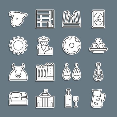 Set hattı Sangria, İspanyol gitarı, tabakta zeytin, Avrupa Kapısı, Boğa güreşi, matador, Güneş, İspanya Haritası ve futbol ikonu. Vektör