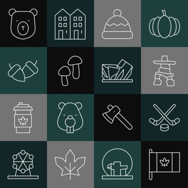 Kanada bayrağı, buz hokeyi sopaları ve puck, Inukshuk, Beanie şapkası, mantar, meşe palamudu, ayı kafası ve Royal Ontario müzesi ikonu. Vektör