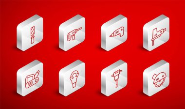 Elektrikli testere, matkap, kablosuz tornavida, yapboz, inşaat matkabı, Rasp metal dosyası, üçgen kesici ve planer alet ikonu. Vektör