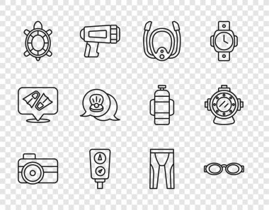 Dalgıç, Gözlüklü Yüzme, Şnorkel, Ölçek, Kaplumbağa, Deniz Kabuğu, Dalgıç kıyafetli Dalgıç ve Aqualung ikonlu Dalış maskesi için kamera ayarlayın. Vektör