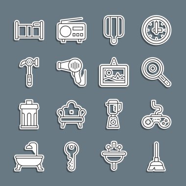 Çizgi süpürge sapı, av alanı, kızartma tavası, kesme tahtası, saç kurutma makinesi, Hammer, yatak ve resim ikonu. Vektör