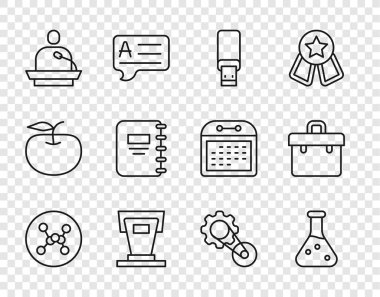 Chemical formülü, test tüpü, USB flash disk, Sahne Durağı, Ders veren, Not Defteri, Zamanlama kemeri kiti ve Evrak Çantası simgesi. Vektör