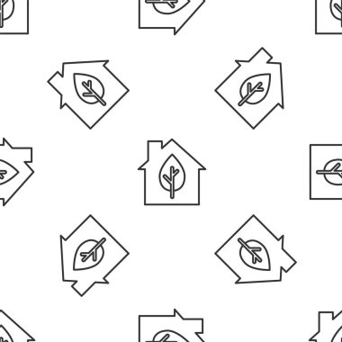 Gri çizgi çevre dostu ev ikonu beyaz arka planda pürüzsüz desen izole etti. Yapraklı eko ev. Vektör.