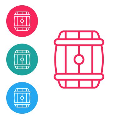 Kırmızı çizgi tahta varil ikonu beyaz arka planda izole edildi. Alkol fıçısı, içki kabı, bira için tahta fıçı, viski, şarap. Simgeleri daire düğmelerine ayır. Vektör