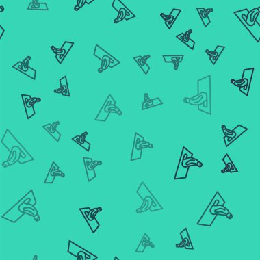 Black line Muslim man prays on the carpet icon isolated seamless pattern on green background.  Vector