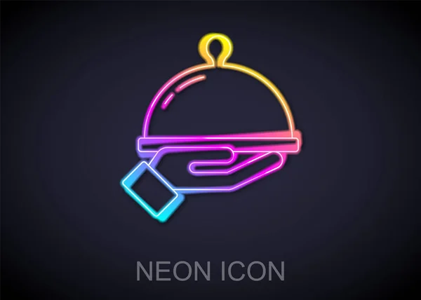Zářící Neonová Čára Pokrytá Tácem Ikonou Jídla Izolovanou Černém Pozadí — Stockový vektor