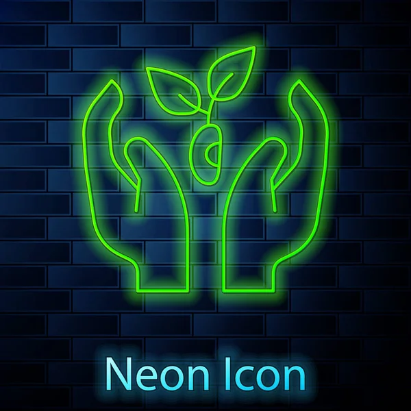 Glowing Neon Line Plant Hand Environmental Protection Icon Isolated Brick — Stockvector