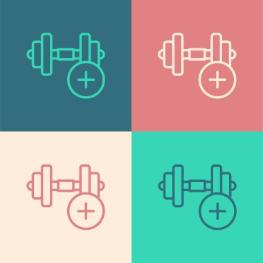 Pop Art Line Dumbbell simgesi renk arkaplanında izole edildi. Kas kaldırma, fitness halteri, spor malzemeleri. Vektör