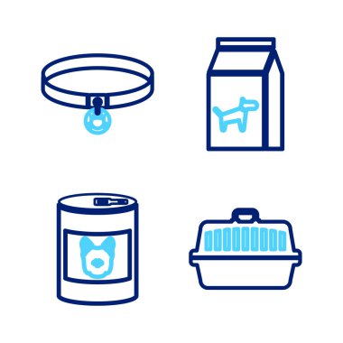 Pet taşıma çantası, köpek için konserve yiyecek, Poşet of ve Kedi tasması ikonu. Vektör