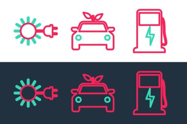 Elektrik hattı şarj istasyonu, elektrik prizli güneş ve eko konsept sürücü simgesi. Vektör