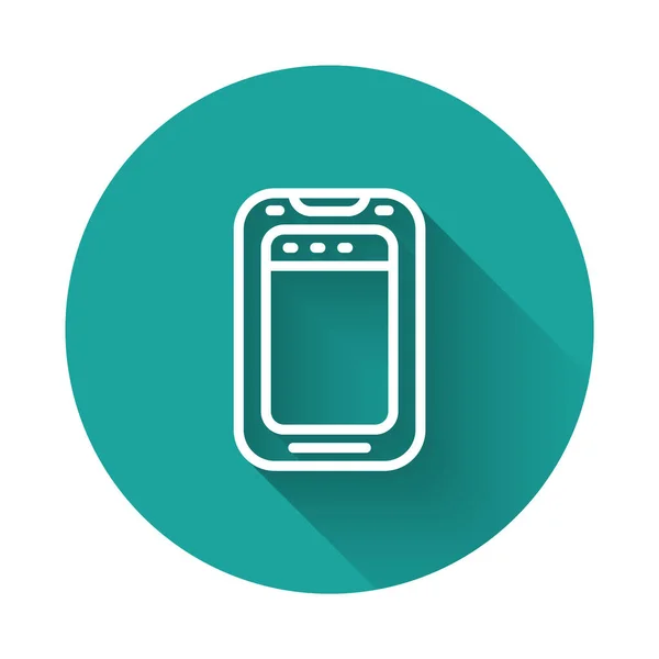 Белая Линия Значок Мобильного Телефона Длинном Теневом Фоне Кнопка Зеленого — стоковый вектор