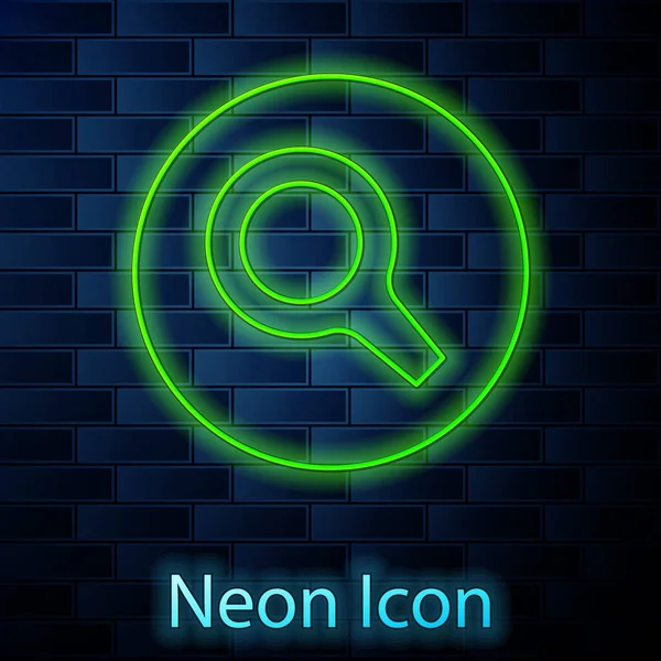 Glowing Neon Line Magnifying Glass Icon Isolated Brick Wall Background — Stock Vector