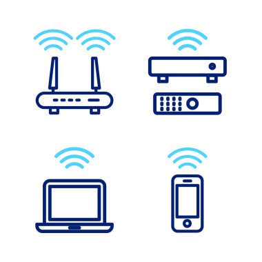 Kablosuz akıllı telefon, dizüstü bilgisayar, TV kutusu alıcısı, Router ve wi-fi sinyal simgesini ayarla. Vektör