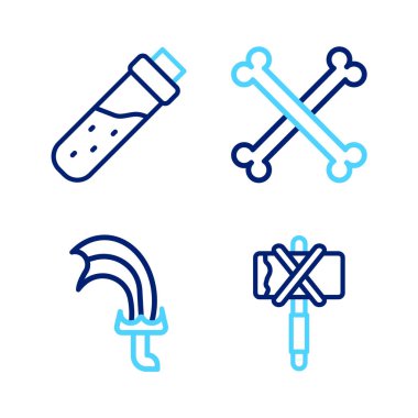 Ortaçağ baltası, av kılıcı, çapraz insan kemikleri ve iksir ikonu ile şişe. Vektör