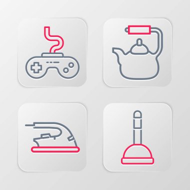 Lastik pompa, elektrikli ütü, tutacağı ve Gamepad ikonu olan su ısıtıcısı ayarlayın. Vektör