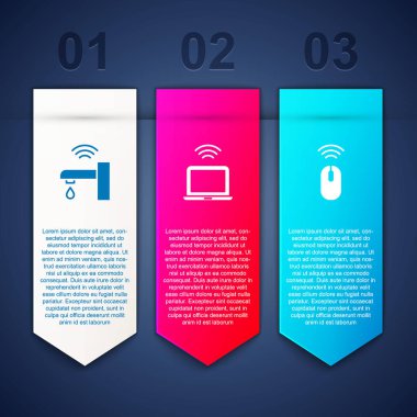 Akıllı su musluğunu, kablosuz bilgisayarı ve fareyi ayarla. Ticari bilgi şablonu. Vektör.