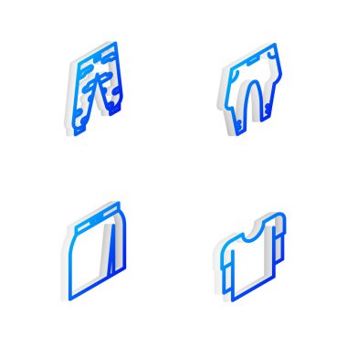 Isometric marka pantolon, kamuflaj kargo pantolonu, etek ve uzun kollu gömlek ikonu. Vektör.