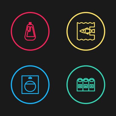 Bataryayı pakete koy, çöp tenekeleri ayıkla, okyanus plastik kirliliğini durdur ve bulaşık deterjanı ikonu için şişe hazırla. Vektör.