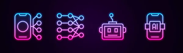 Establecer Línea Red Neuronal Robot Inteligencia Artificial Icono Neón Brillante — Vector de stock