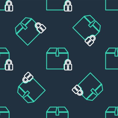 Satır kilitli paket simgesi siyah arkaplanda izole edilmiş kusursuz desen. Kilit ve karton kutu. Vektör