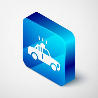 İzometrik polis arabası ve polis teşhircisi ikonu gri arka planda izole edilmiş. Acil durum sireni. Mavi kare düğme. Vektör.