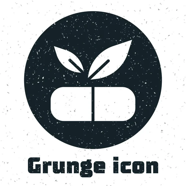 Grunge Pilule Médicale Avec Icône Végétale Isolée Sur Fond Blanc — Image vectorielle