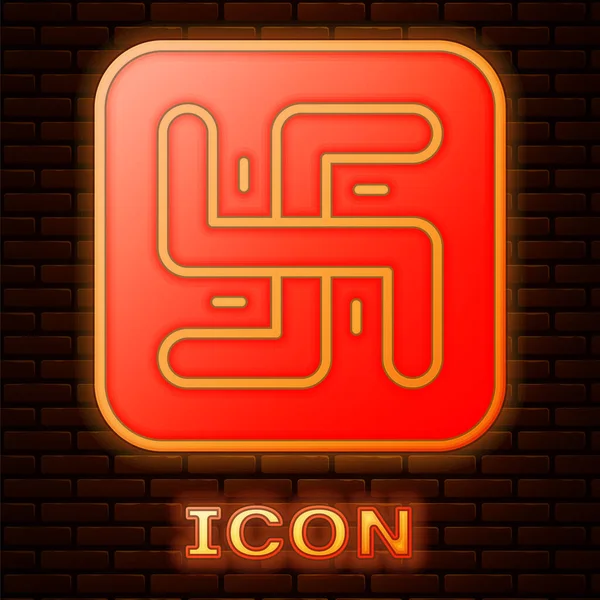 Glödande Neon Hindu Swastika Religiösa Symbol Ikon Isolerad Tegelvägg Bakgrund — Stock vektor
