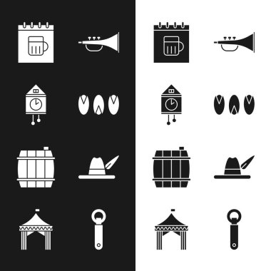 Pistachio fındıkları, Retro duvar nöbeti, Aziz Patricks takvimi, müzik aleti trompeti, tahta fıçı, Ekim festivali şapkası, şişe açacağı ve kamp çadırı ikonu. Vektör