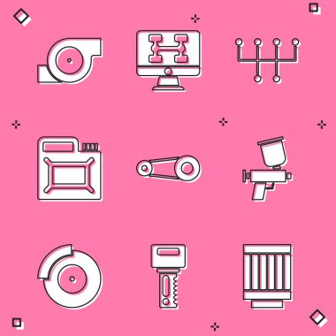 Otomotiv turbo şarj aleti, arabanın tanısal durumu, vites kolu, motor yağı tüpü, zaman ayarlı kemer kiti, boya sprey tabancası, kalibre ve uzaktan kumandalı araba fren diski. Vektör