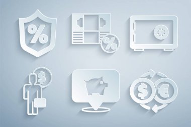 Piggy Bank 'ı, Safe' i, İşadamı Planlama Zihni 'ni, Para Takası' nı ve Kredi İkonunu belirle. Vektör