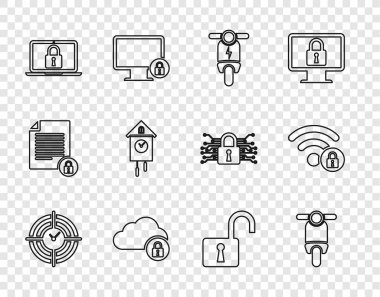 Hat çizgisi Zaman Yönetimi, Scooter, elektrikli scooter, Bulut bilgisayar kilidi, dizüstü bilgisayar ve Retro duvar saati, Açık asma kilit ve Wifi kilit simgesi. Vektör