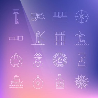 Hat çizgisi direksiyonu, korsan kancası, tropik ada okyanusu, antik hazine sandığı, deniz feneri, teleskop lensi, anahtar ve tahta varil ikonu. Vektör