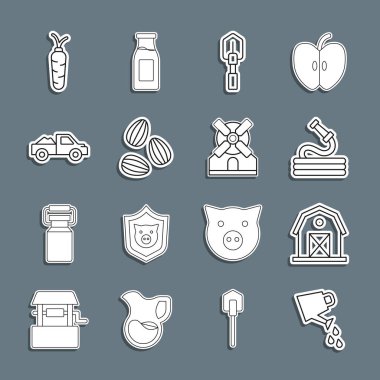 Su kovası, çiftlik evi, bahçe hortumu, kürek, tohum, kamyonet, havuç ve yel değirmeni ikonu. Vektör