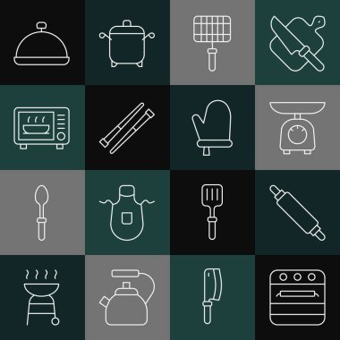 Fırın, merdane, pullar, ızgara çelik ızgara, yemek çubukları, mikrodalga fırın tepsi dolusu yiyecek ve eldiven ikonu ile kaplı. Vektör