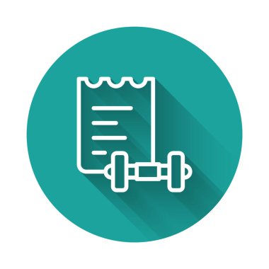Beyaz çizgi spor eğitim programı veya uzun gölgeli izole edilmiş fitness planı simgesi. Yeşil daire düğmesi. Vektör