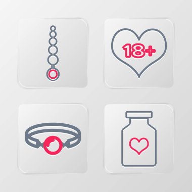Potansiyel için ilaç, silikon topu ağzı, 18 artı içerik kalbi ve anal boncuk ikonu içeren bir çizgi ayarla. Vektör