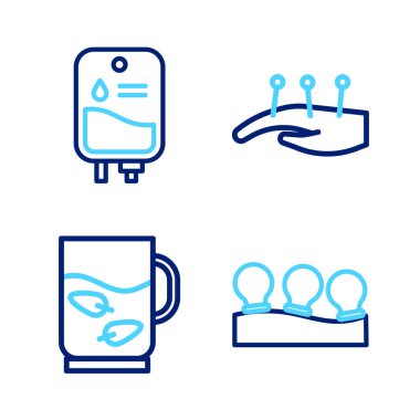 Elektrik süpürgesi, bir fincan çay ve yaprak, akupunktur terapisi ve serum poşeti ikonu. Vektör