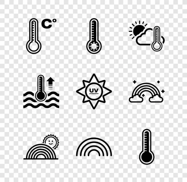 stock vector Set Meteorology thermometer, Thermometer and cloud, sun, Rainbow with, Water and UV protection icon. Vector