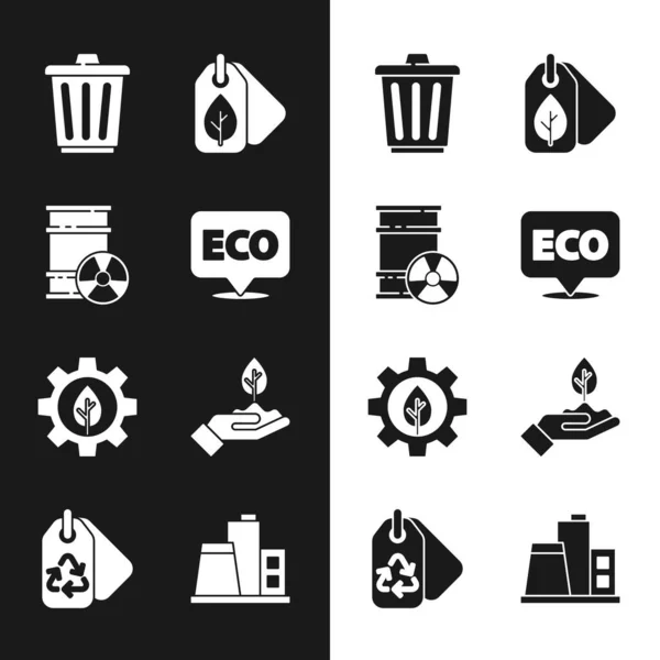 エコ健康食品 バレル内の放射性廃棄物 ゴミ箱 葉付きタグ リーフプラントギアマシン プラントハンド 工場やリサイクルアイコンのラベルを設定します ベクトル — ストックベクタ
