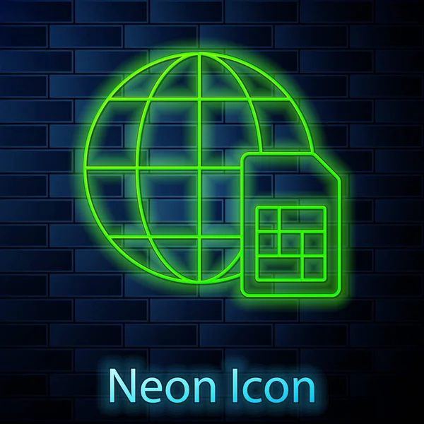 Gloeiende Neon Lijn Globe Sim Card Pictogram Geïsoleerd Baksteen Muur — Stockvector