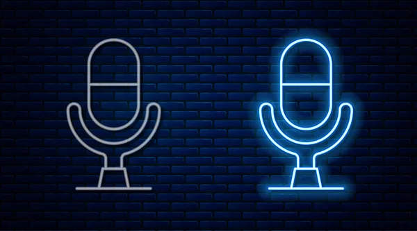 Leuchtende Neon Line Mikrofon Sprachgerätsymbol Isoliert Auf Backstein Hintergrund Mikrofondolmetscher — Stockvektor