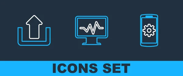 Set Line Instellen Smartphone Uploaden Monitor Met Cardiogram Icoon Vector — Stockvector