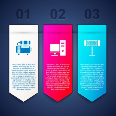 Hava kompresörünü, bilgisayar monitörünü ve elektrikli ısıtıcıyı ayarla. Ticari bilgi şablonu. Vektör.