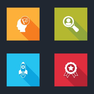 El ele tutuşan bayrak, arama için büyüteç, roket gemisi ve madalya ikonu hazırlayın. Vektör