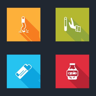 Set Cigarette butt, Giving up cigarette, Lighter and Nicotine gum blister pack icon. Vector